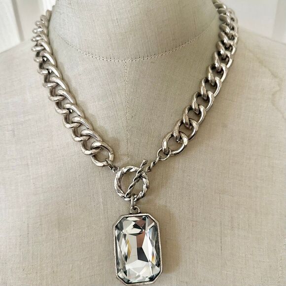 Traci Lynn Expose Silvertone Statement Necklace with Large Clear Crystal - Picture 1 of 9